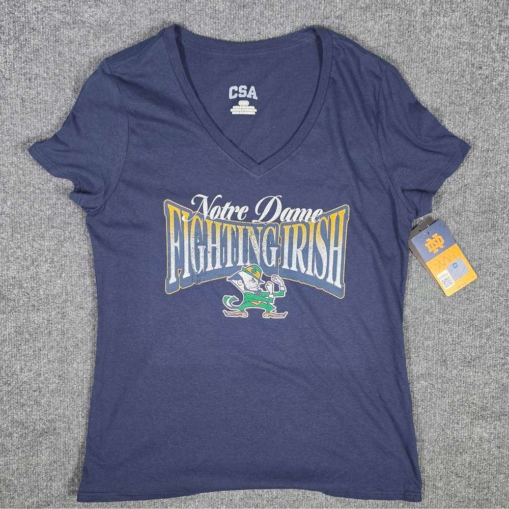 CSA Notre Dame Fighting Irish V-Neck Graphic T-Shirt Navy Blue Womens Medium NWT